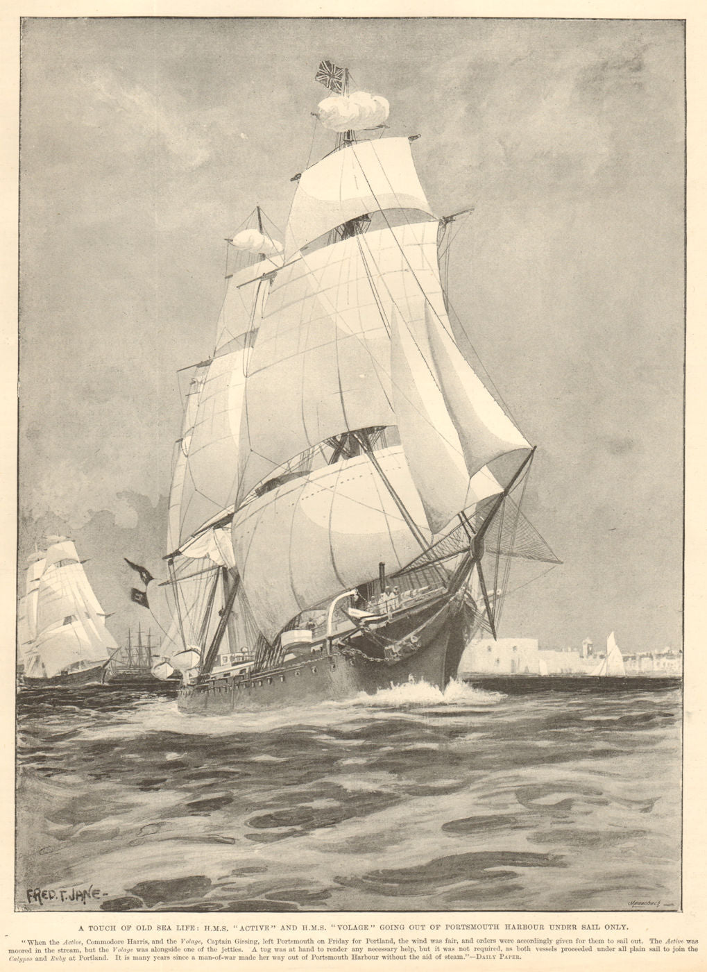 HMS Active & HMS Volage leaving Portsmouth harbour under sail. Ships 1894